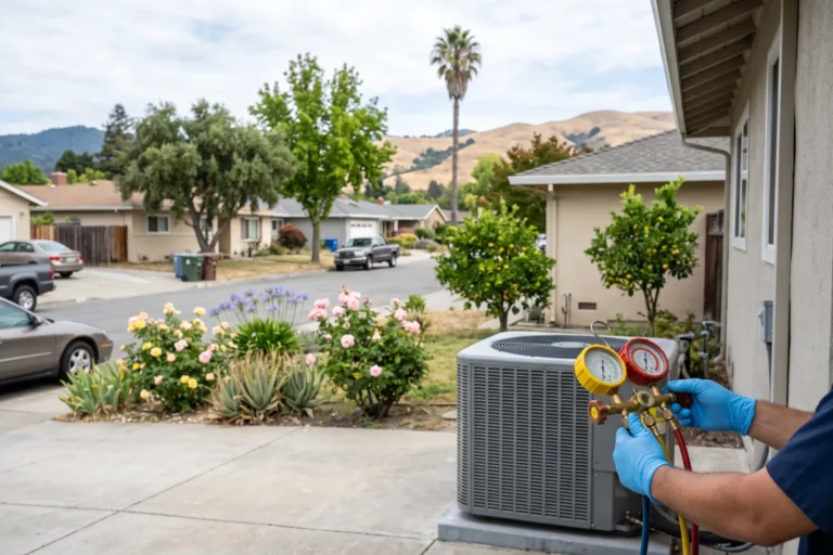 Technician checking refrigerant pressure on an outdoor AC unit